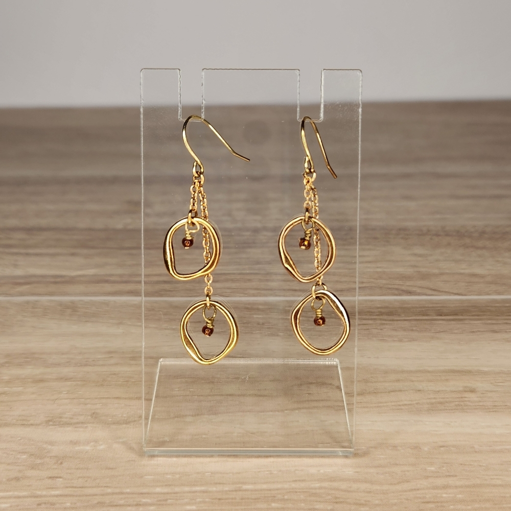 VINTAGE RARE Gold Double Abstract Hoop and Brown Seed Bead Dangle Earrings